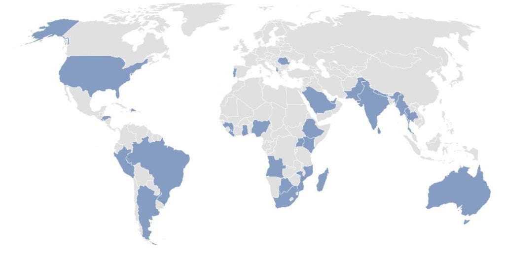 world map of highlighted countries where participants are from
