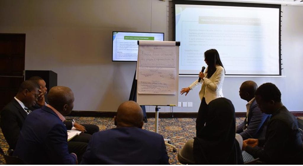 Joana Bento presenting and pointing to a white board
