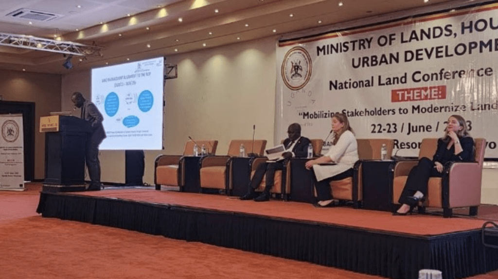 A panel presenting at a conference