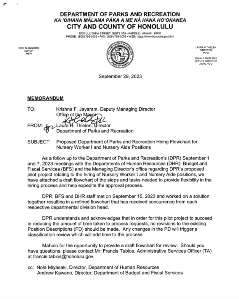 Department of Parks and Rec Honolulu memorandum