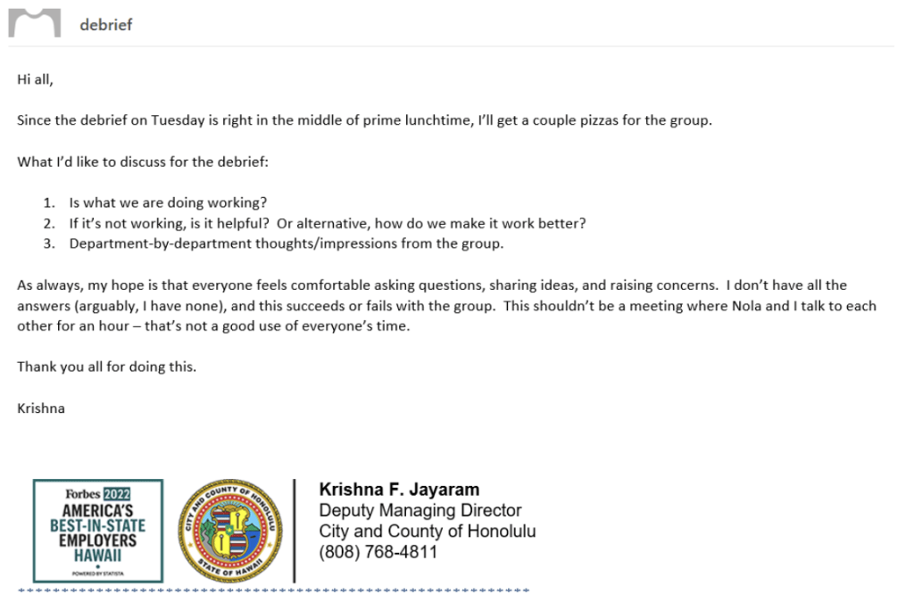 Debrief email from Krishna