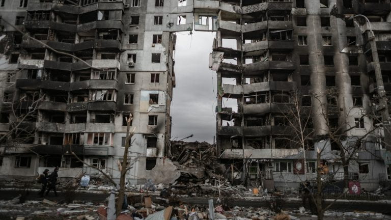 A bombed building in Ukraine