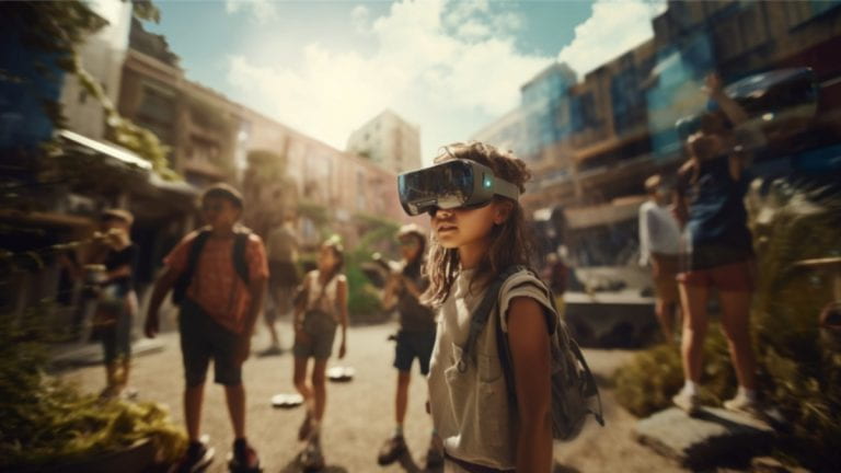 A child wearing virtual reality glasses
