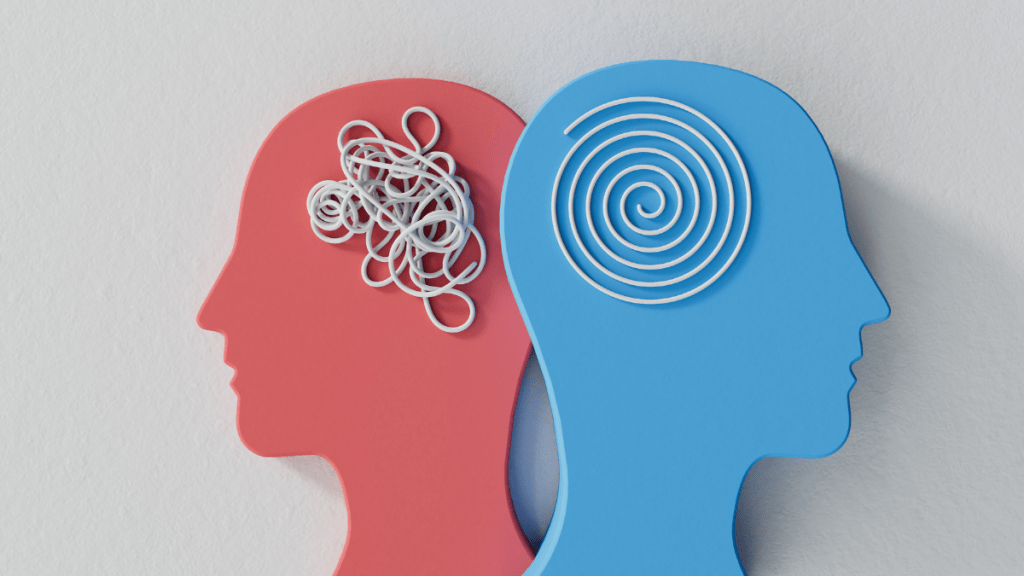 Two people's heads, each with a string. One is tangled representing poor behavioral health.