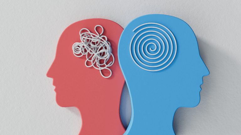 Two people's heads, each with a string. One is tangled representing poor behavioral health.