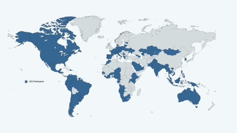 Global map view with countries highlighted in blue where LEG participants are