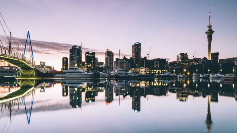 Auckland, New Zealand waterfront at dusk