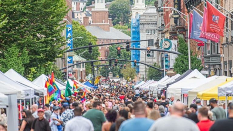 Providence crowds walking through street with vendors