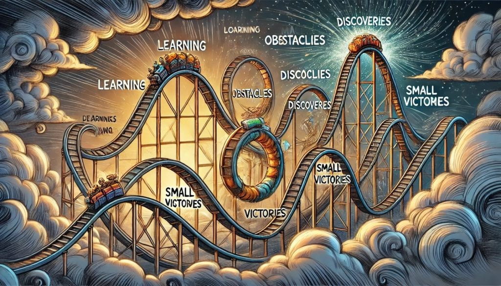 Illustration of rollercoaster with peaks and valleys labeled small victories, obstacles, learning, discoveries