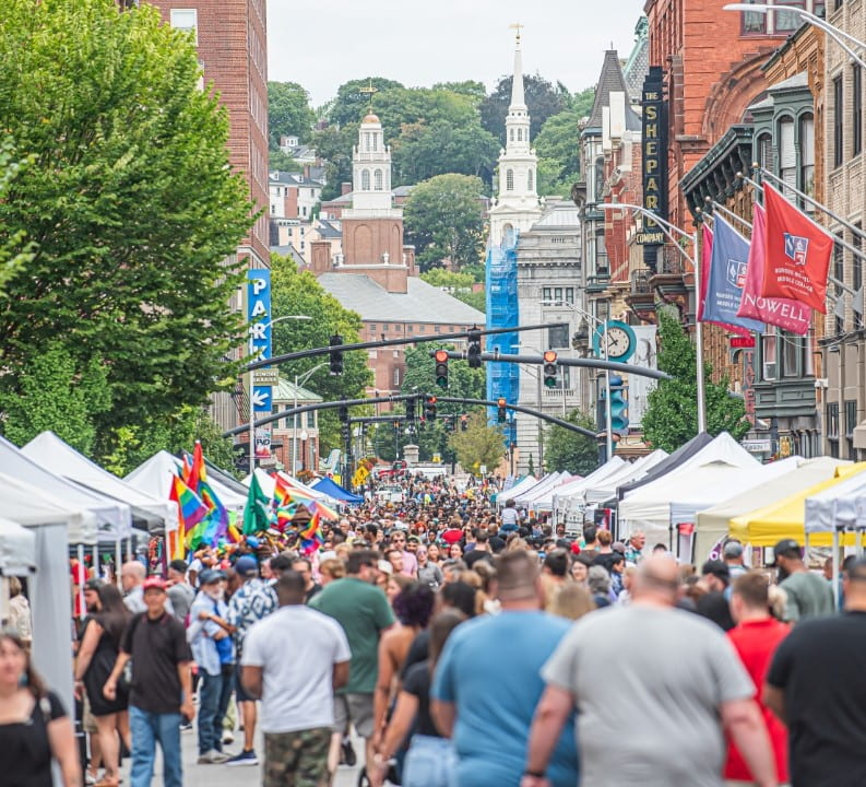 Downtown Providence with crowds and vendors in the street