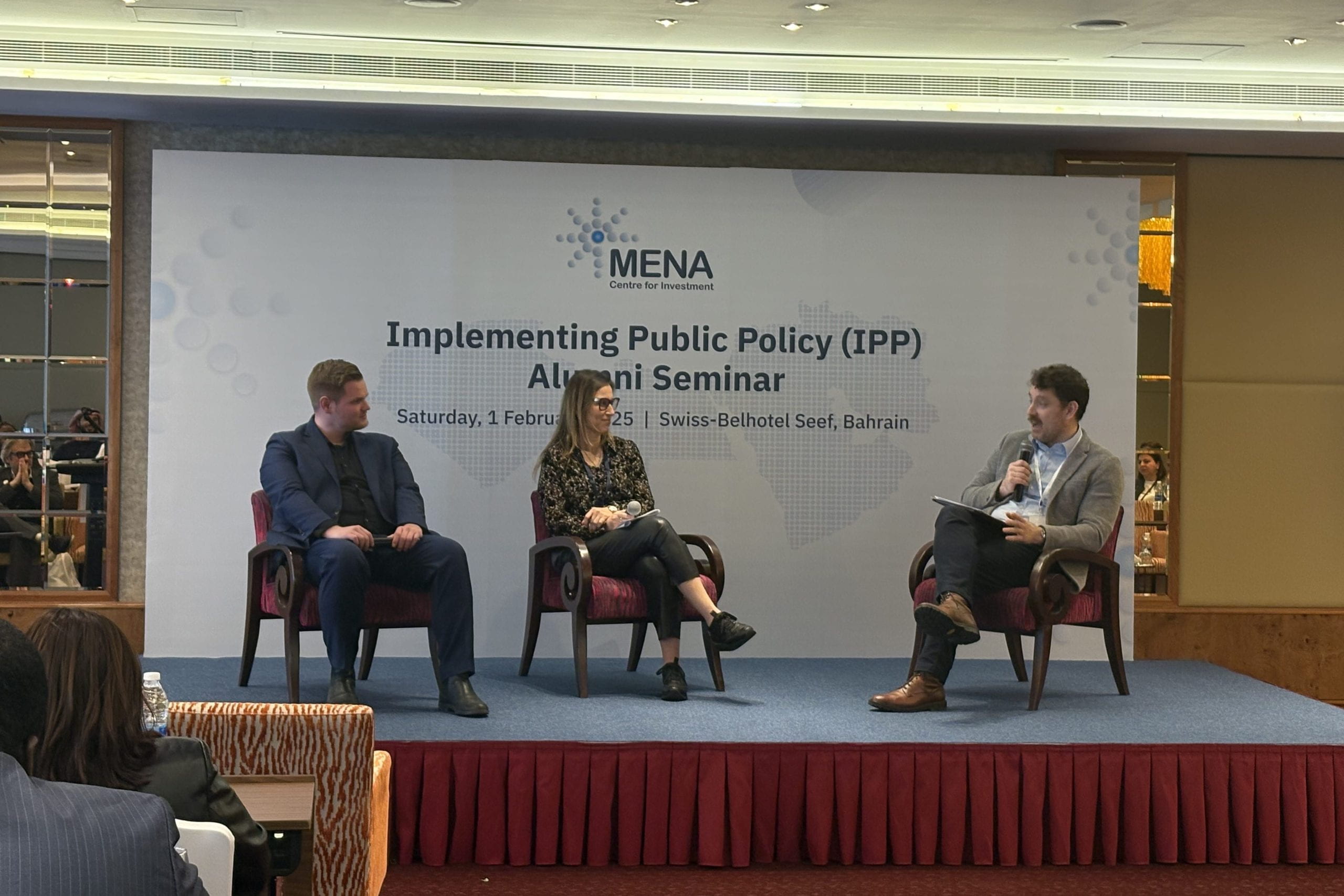 Peter Harrington, Lobna Jeribi, and Tim Kornprobst presenting