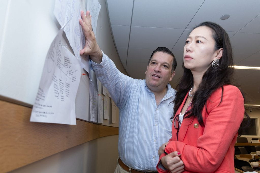 Santiago Creuheras with participant pointing at a fishbone diagram