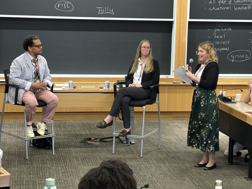 Joseph Wilson Jr. and Rachel McNeil in classroom with Jessie DeLano introducing them