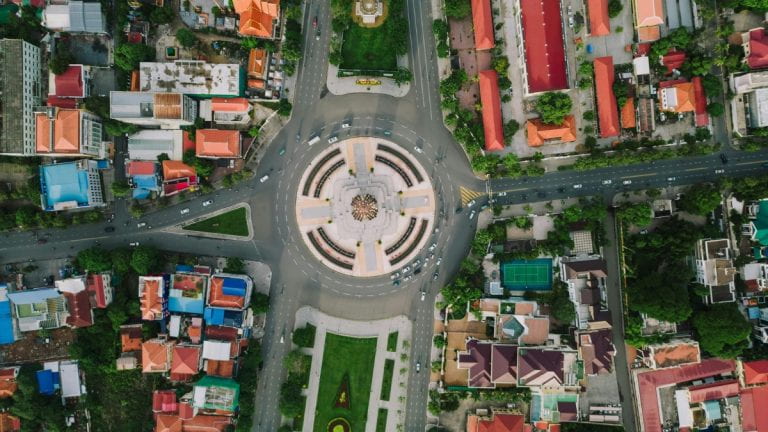 Aerial view of streets and roundabout in Phnom Penh, Cambodia