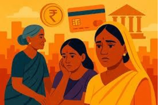 Illustration of three women looking worried, with symbols of money, a bank card, and a bank building in the background.