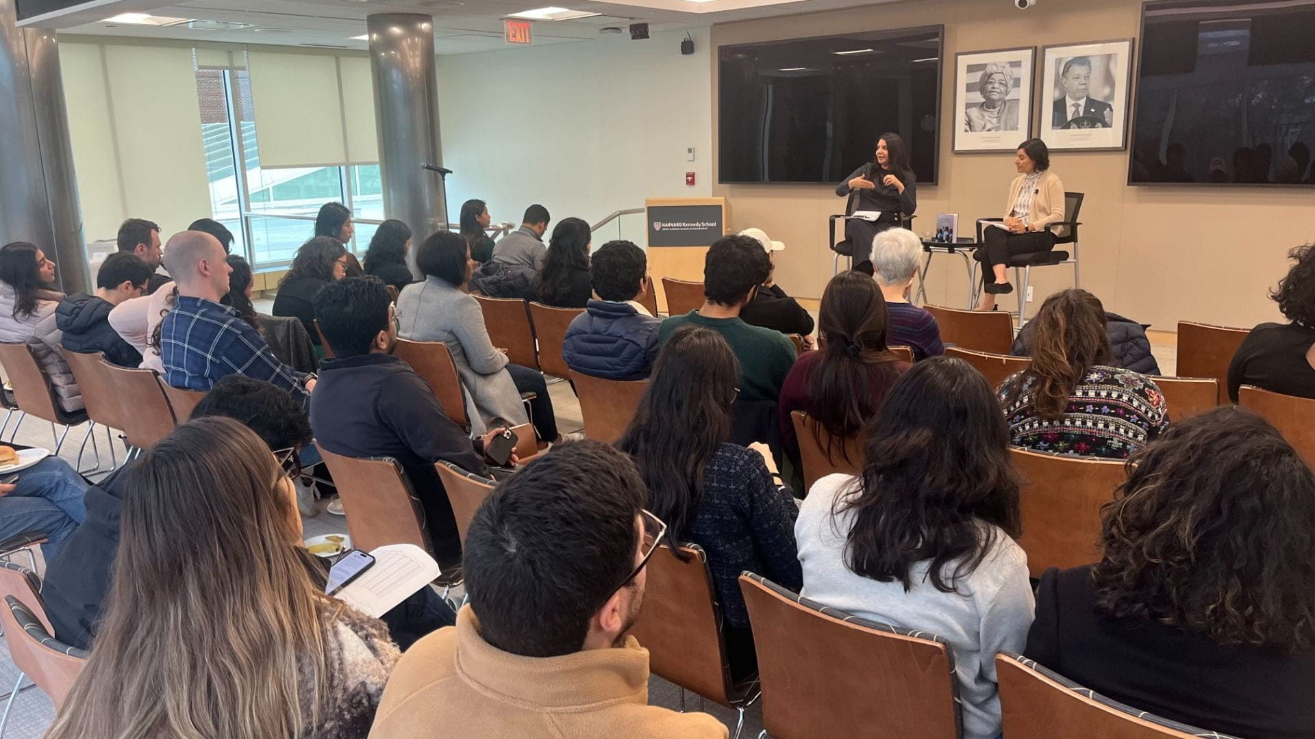 Yamini Aiyar and Salimah Samji presenting to students