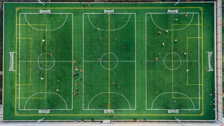 Aerial image of soccer fields with players