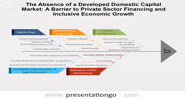 Fishbone diagram of the "absence of a developed domestic capital market: A barrier to private sector financing and inclusive economic growth"