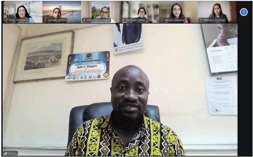 Zoom screeenshots from the MLD 103 team presentations with Alpha Bangura on the scrren. 