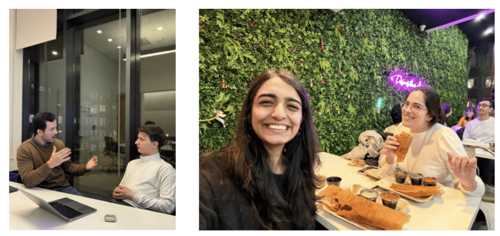 Two of members of Team Smog Navigators. On the left, two members having a discussion in a meeting room. On the right, two members having a meal together.