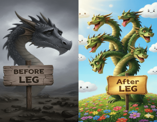 "Before LEG" A sad dragon with dark background "After LEG" A happy dragon with multiple heads