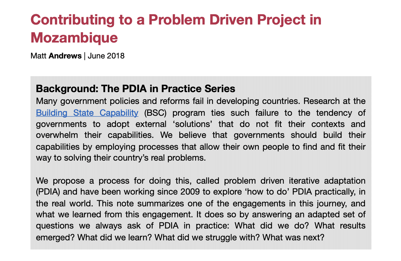 Contributing to a Problem Driven Project in Mozambique by Matt Andrews cover page