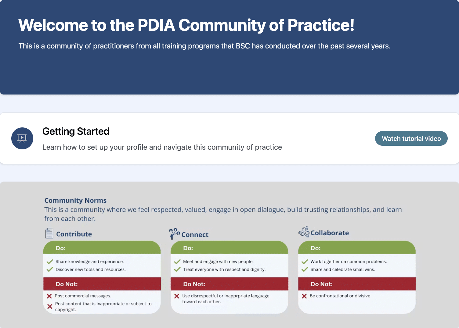 PDIA Community of Practice platform with a Getting Started button and Community Norms listed