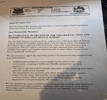 a letter from the Principal of Khulani Special School thanking the Legislature for its intervention